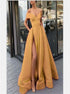 A Line Gold Satin Prom Dresses with Split LBQ1015